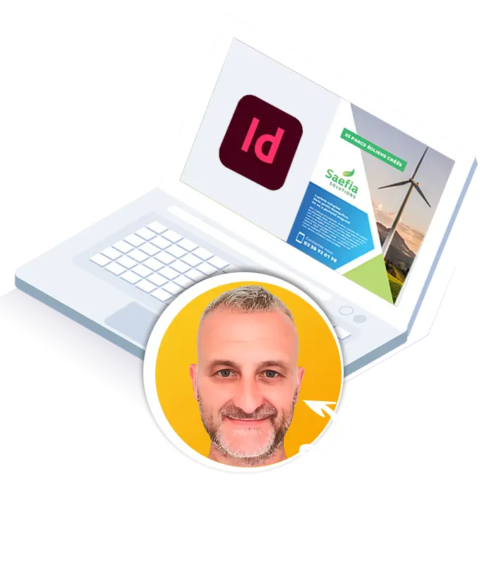 Ordinateur avec InDesign, et le formateur, David HACOT