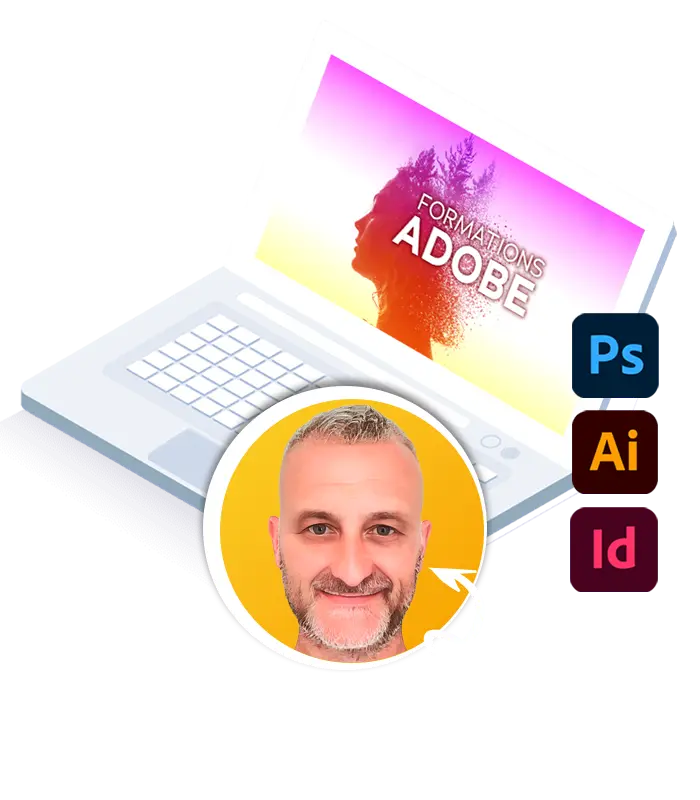 Ordinateur avec la suite Adobe, et le formateur, David HACOT